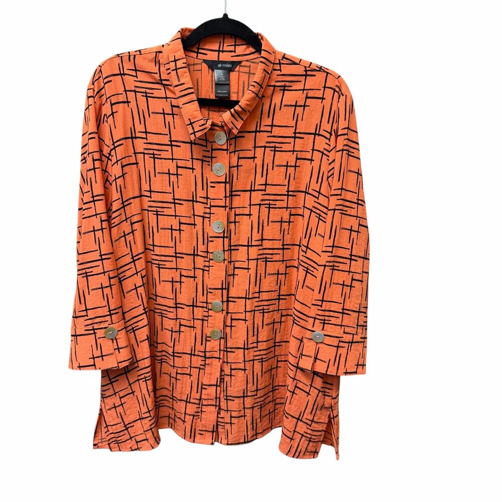 Ali Miles Button Up Wire Collar 3/4 Sleeve Tunic Top Orange Black XL Lagenlook